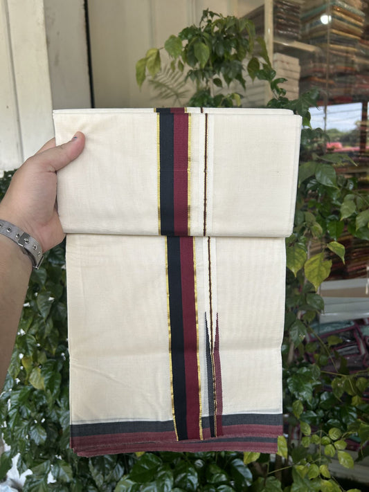 Dmk Veshti - 20% Discount !! KaithariKada Balaramapuram Double Off White - (Unbleached) Mundu/Dhoti - 100X100 - 1.5 inch Puliyilakkara Kasav Maroon & Black Chutty Kara 4 meters (8.5 Muzham) -  6 KK5335 ASH