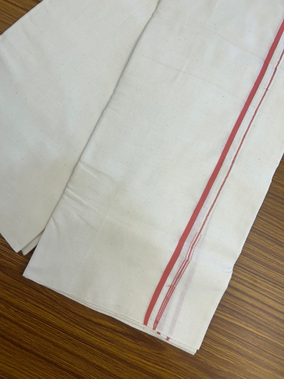 25% DISCOUNT!! SIGNATURE KAITHARIKADA EXCLUSIVE SINGLE DHOTI - 100% Cotton Balaramapuram HANDLOOM Single Mundu/Dhoti - Off White (Unbleached) 0.25 inch Puliyilakkara Silver Kasav & Peach Chutty Kara (2 meter / 4 muzham) - 5 KK5293 KAI