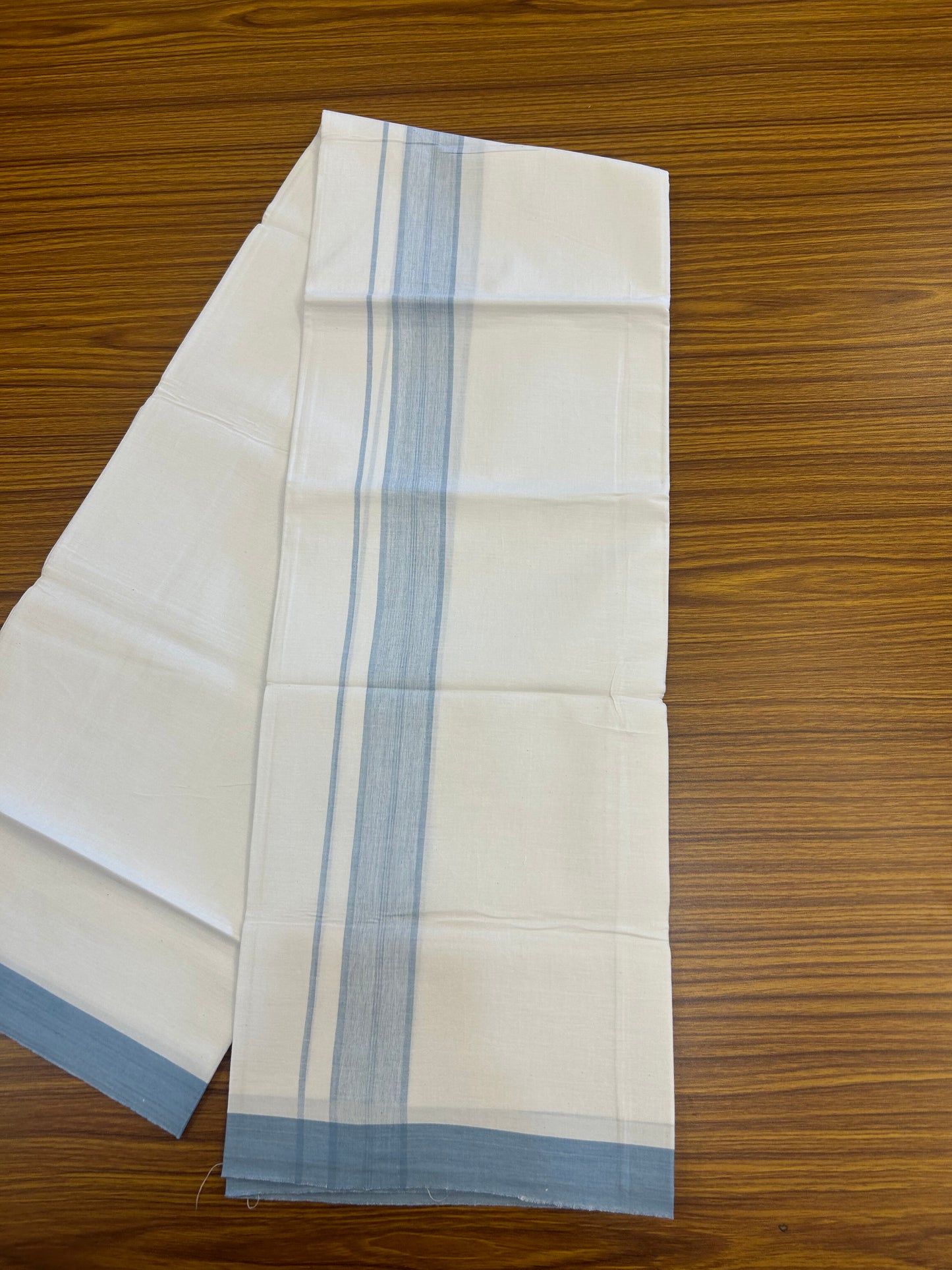 KaithariKada Balaramapuram 100% Cotton Single Pure White Mundu/Dhoti - (40s) - 1.5 inch Light Blue Shaded Stripes kara 2 mtr (4 muzham) - 51 KK5359 THI