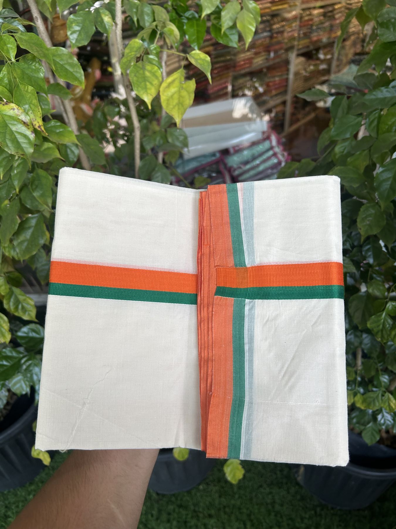 Bjp Veshti - 20% Discount! KaithariKada 100% Cotton Off White Double - (Unbleached) Mundu/Dhoti - 100X80 - 1 inch Orange & Green Kara 3.80 m (8 muzham)-  5 KK5335 ASH