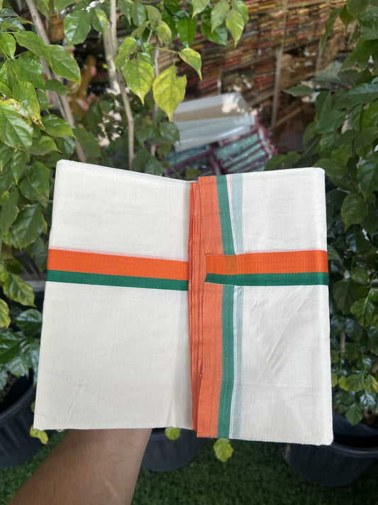 Bjp Veshti - 20% Discount! KaithariKada 100% Cotton Off White Double - (Unbleached) Mundu/Dhoti - 100X80 - 1 inch Orange & Green Kara 3.80 m (8 muzham)-  5 KK5335 ASH