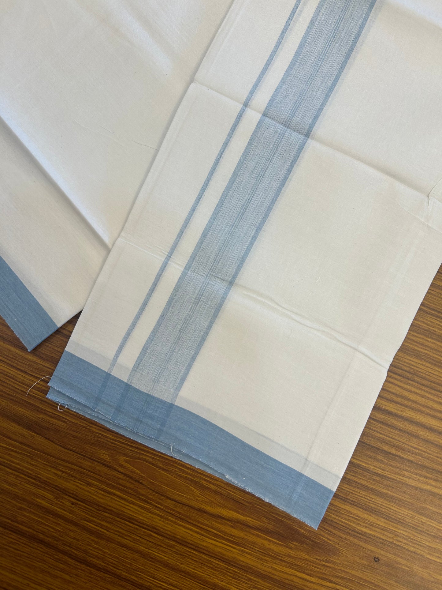 KaithariKada Balaramapuram 100% Cotton Single Pure White Mundu/Dhoti - (40s) - 1.5 inch Light Blue Shaded Stripes kara 2 mtr (4 muzham) - 51 KK5359 THI
