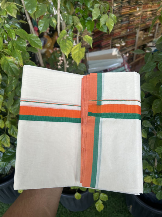 Bjp Veshti - 20% Discount! KaithariKada 100% Cotton off white Double - (Unbleached) Mundu/Dhoti - 100X80 - 1.25 inch Orange & Green Kara - 3.80 mtr (8 muzham) - 7 KK5335 ASH