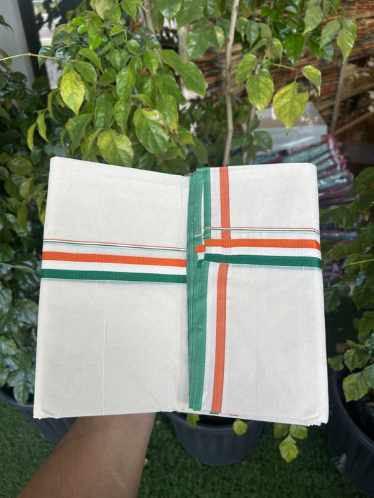 Congress Veshti - 20% Discount! KaithariKada 100% Cotton off white Double - (Unbleached) Mundu/Dhoti - 100X80 - 1 inch Orange White & Green Kara - 3 KK5335 ASH