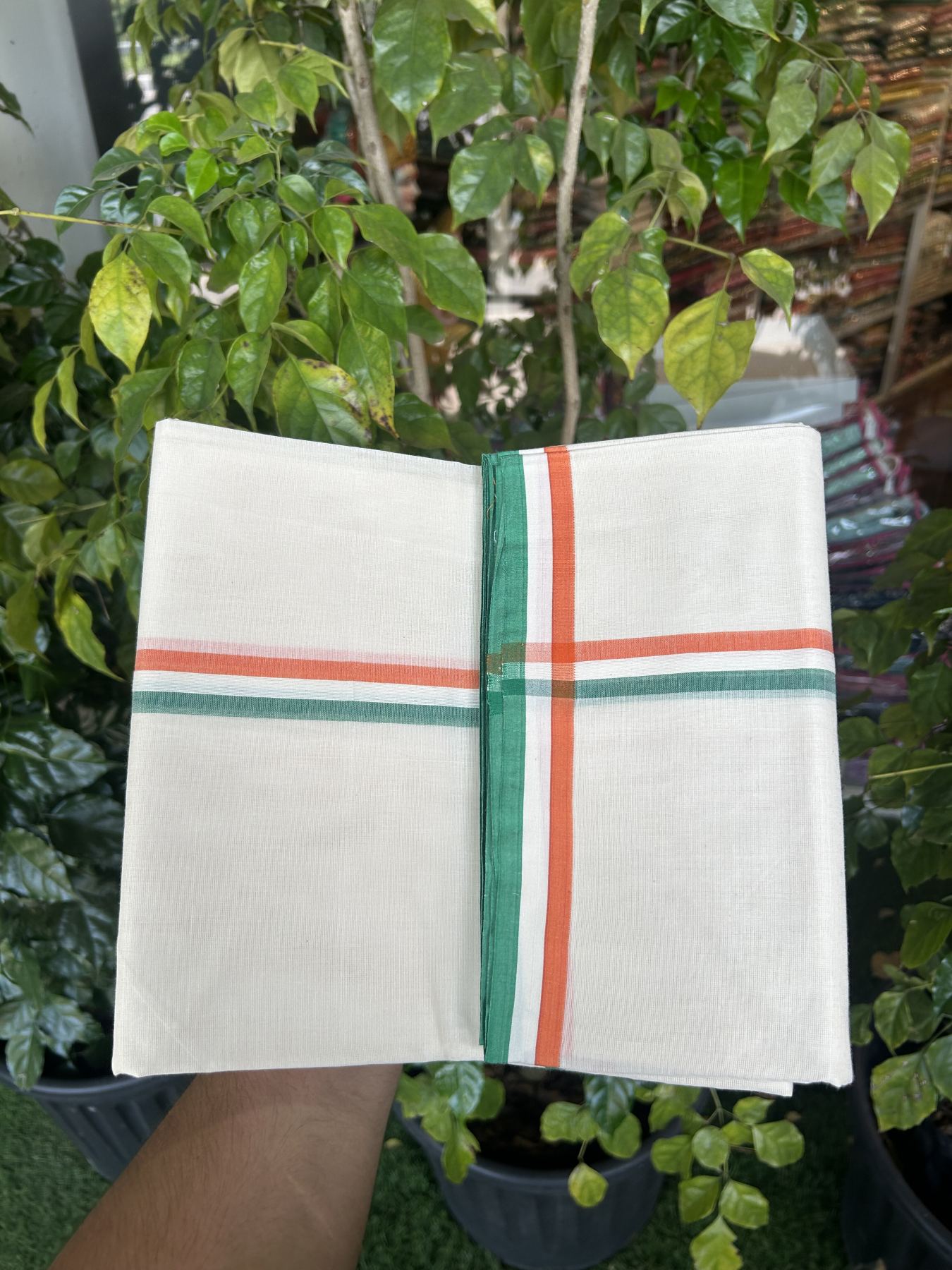 Congress Veshti - 20% Discount! KaithariKada 100% Cotton off white Double - (Unbleached) Mundu/Dhoti - 100X80 - 1 inch Orange White & Green Shaded Kara - 4 KK5335 ASH