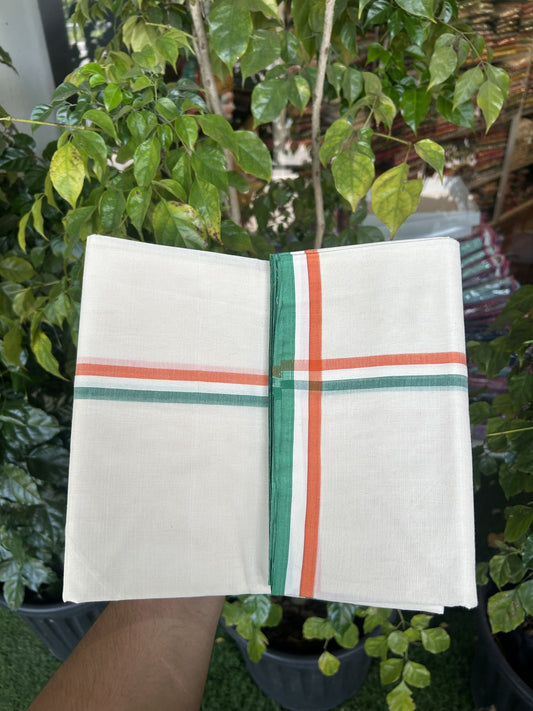 Congress Veshti - 20% Discount! KaithariKada 100% Cotton off white Double - (Unbleached) Mundu/Dhoti - 100X80 - 1 inch Orange White & Green Shaded Kara - 4 KK5335 ASH