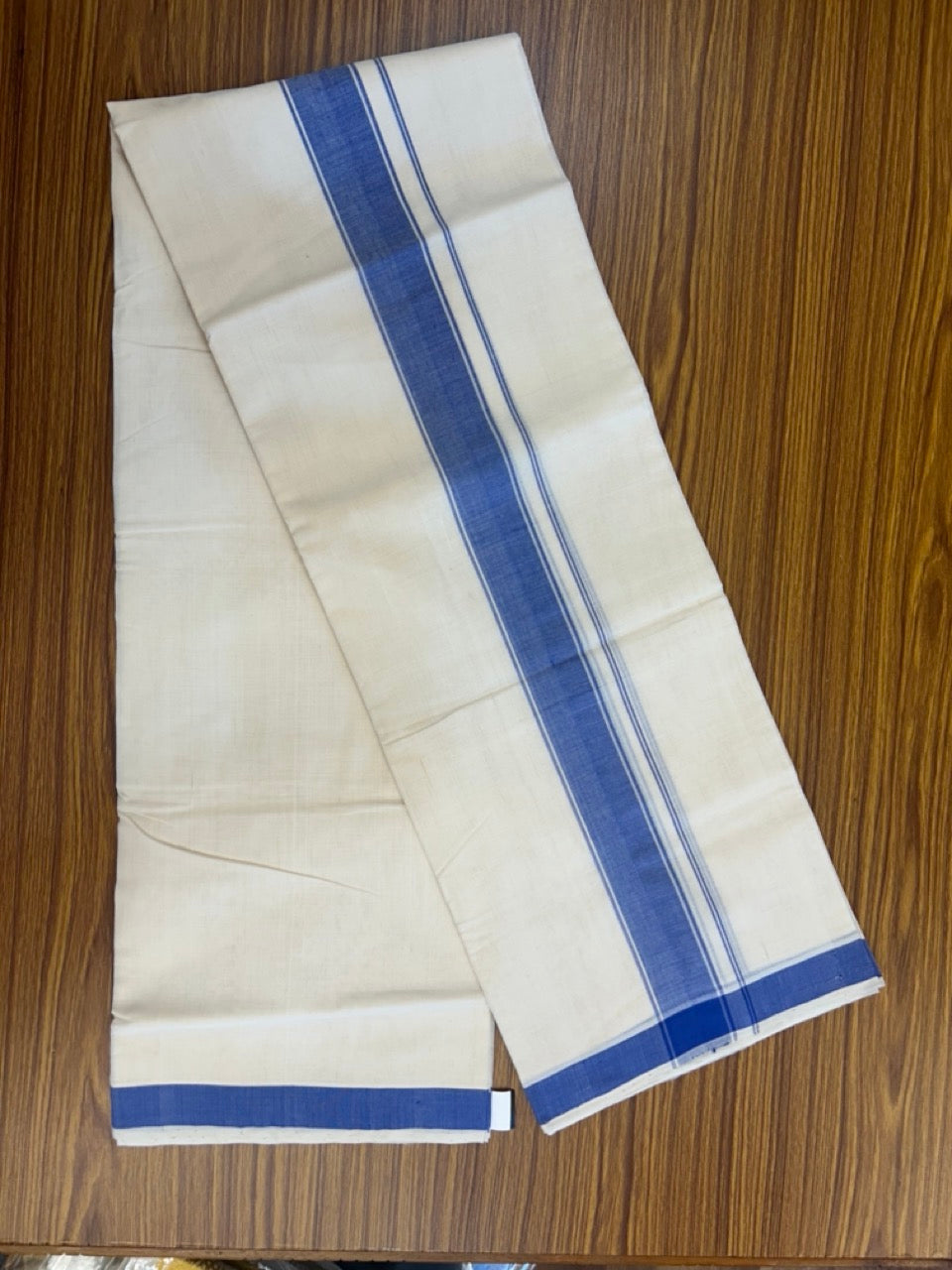 25% Discount KaithariKada Handloom Unakkupaav Balaramapuram - 100% PURE Cotton off white (Unbleached) Double Mundu/Dhoti - 80X90 - 1.75 inch Blue Side Striped Kara 3.80 mtr (8 muzham) - 7 KK5293 ELA