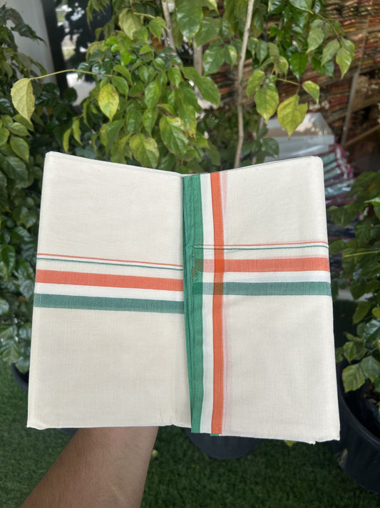 Congress Veshti - 20% Discount! KaithariKada 100% Cotton off white Double - (Unbleached) Mundu/Dhoti - 100X80 - 1.25 inch Orange White & Green Shaded Kara - 2 KK5335 ASH
