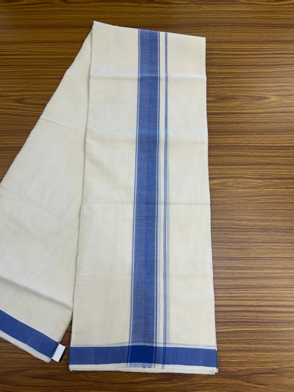 25% Discount KaithariKada Handloom Unakkupaav Balaramapuram - 100% PURE Cotton off white (Unbleached) Double Mundu/Dhoti - 80X90 - 1.75 inch Blue Side Striped Kara 3.80 mtr (8 muzham) - 7 KK5293 ELA