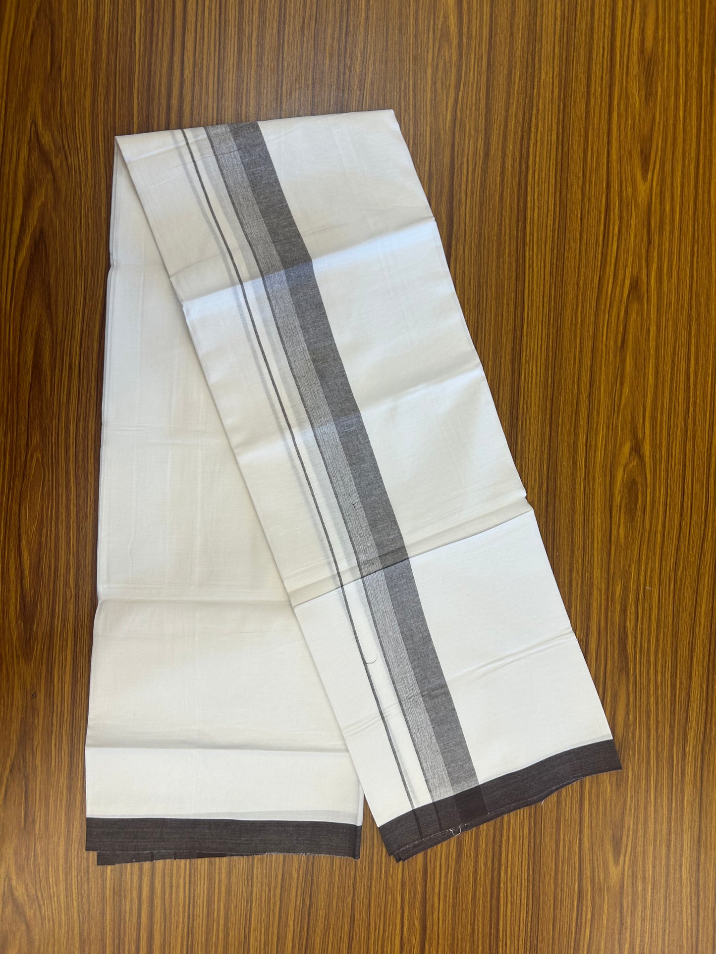 KaithariKada Balaramapuram 100% Cotton Single Pure White Mundu/Dhoti - (40s) - 1.5 inch Brown Shaded Stripes kara 2 mtr (4 muzham) - 63 KK5359 THI