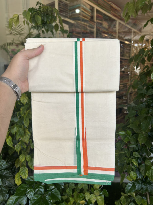 Congress Veshti - 20% Discount! KaithariKada 100% Cotton off white Double - (Unbleached) Mundu/Dhoti - 100X80 - 1 inch Puliyilakkara Orange White & Green Chutty Kara - 1 KK5335 ASH
