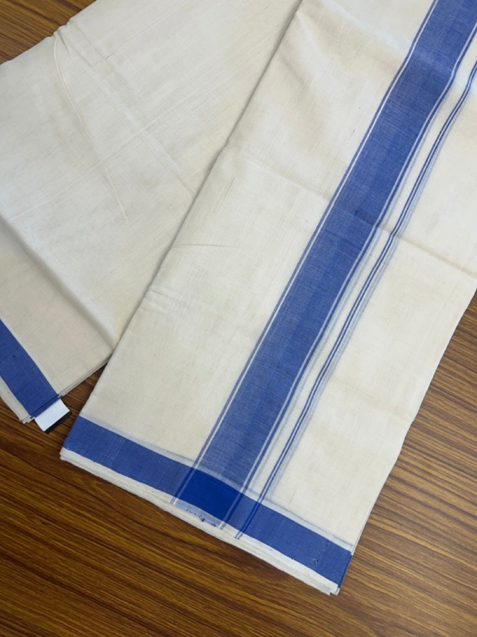 25% Discount KaithariKada Handloom Unakkupaav Balaramapuram - 100% PURE Cotton off white (Unbleached) Double Mundu/Dhoti - 80X90 - 1.75 inch Blue Side Striped Kara 3.80 mtr (8 muzham) - 7 KK5293 ELA