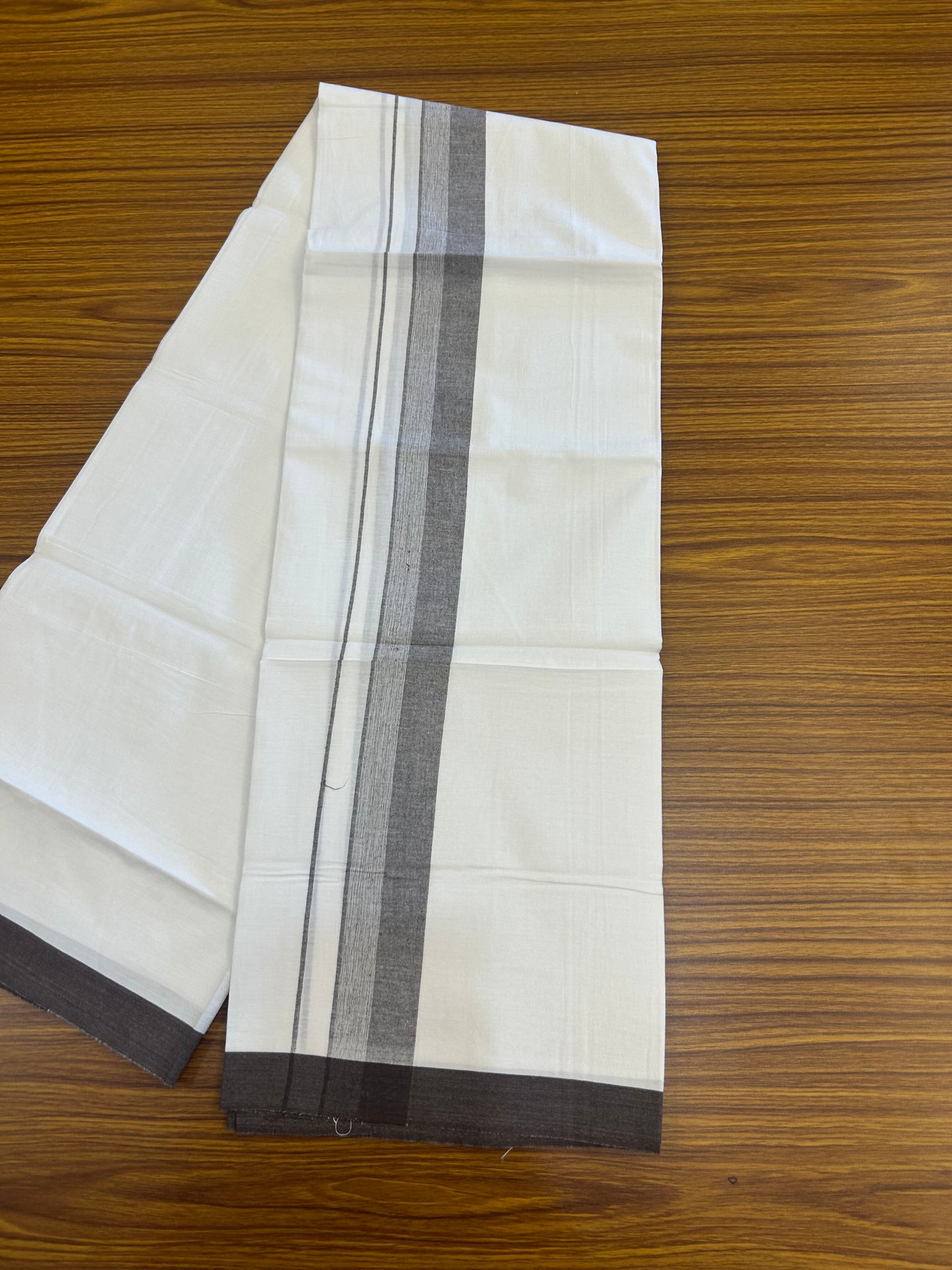 KaithariKada Balaramapuram 100% Cotton Single Pure White Mundu/Dhoti - (40s) - 1.5 inch Brown Shaded Stripes kara 2 mtr (4 muzham) - 63 KK5359 THI