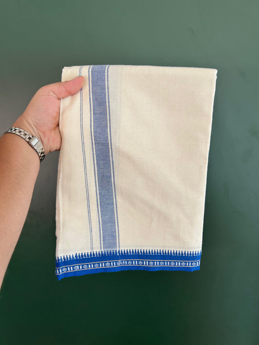 Kaitharikada Single Kaily / Lungi - Pure Cotton - (2/40)S 1 inch Blue Striped kara With Off White Body Kuppadam Border (2 meter / 4 muzham) - 2 KK8077 KUT