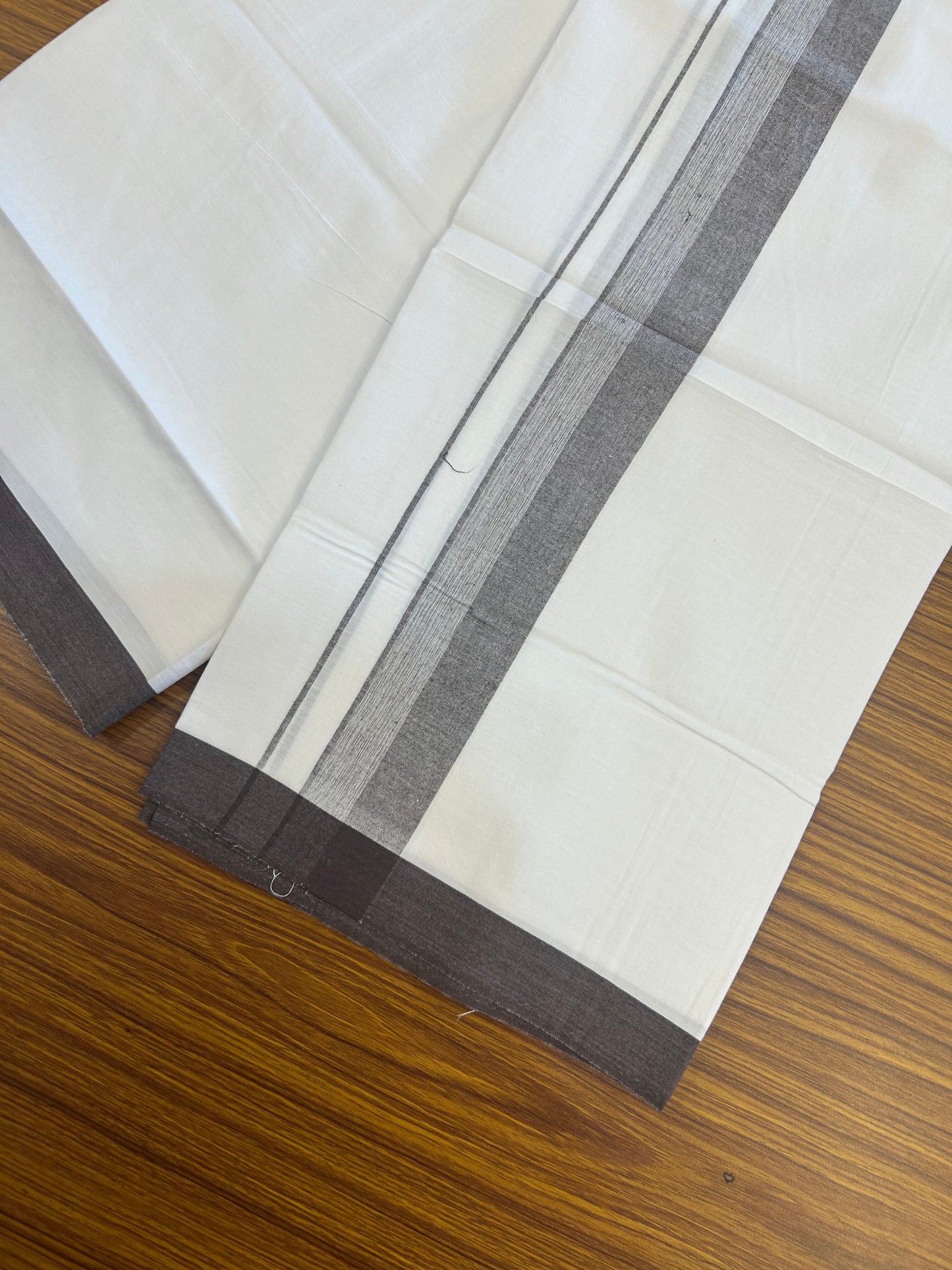 KaithariKada Balaramapuram 100% Cotton Single Pure White Mundu/Dhoti - (40s) - 1.5 inch Brown Shaded Stripes kara 2 mtr (4 muzham) - 63 KK5359 THI