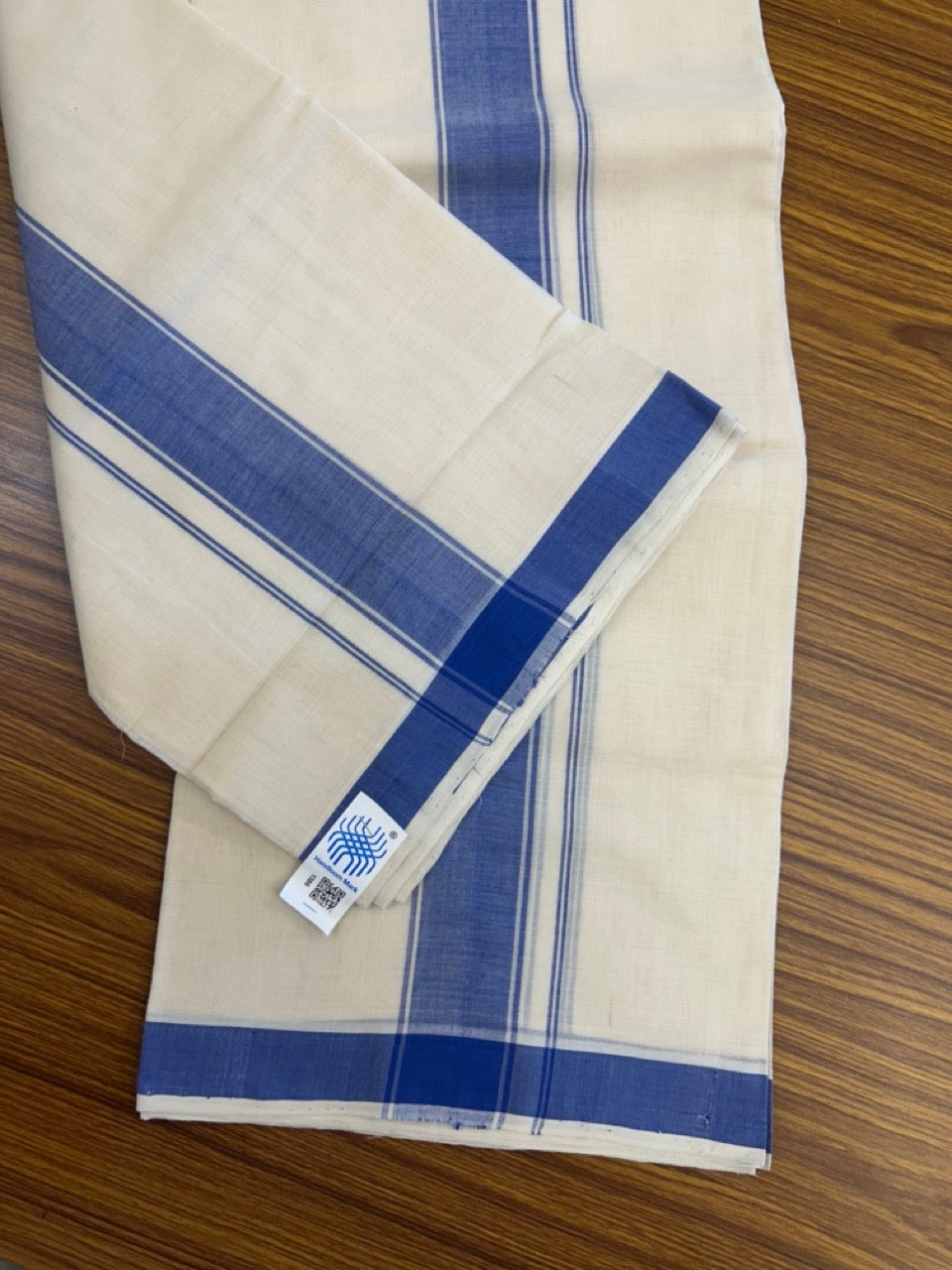 25% Discount KaithariKada Handloom Unakkupaav Balaramapuram - 100% PURE Cotton off white (Unbleached) Double Mundu/Dhoti - 80X90 - 1.75 inch Blue Side Striped Kara 3.80 mtr (8 muzham) - 7 KK5293 ELA
