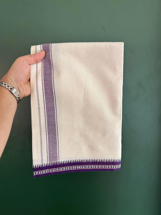Kaitharikada Single Kaily / Lungi - Pure Cotton - (2/40)S 1 inch Violet Striped kara With Off White Body Kuppadam Border (2 meter / 4 muzham) - 1 KK8077 KUT