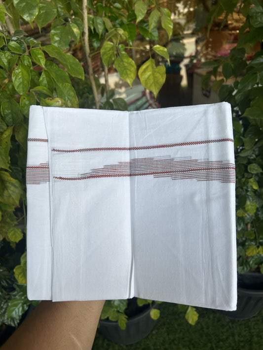 20% Discount ! Kaitharikada Balaramapuram 100% Cotton Pure White Double Mundu/Dothi - 100x80 - 0.75 inch Multi Colour Striped Jacquard Design Kara 3.80 mtr (8 muzham) - 14 KK5334 THI