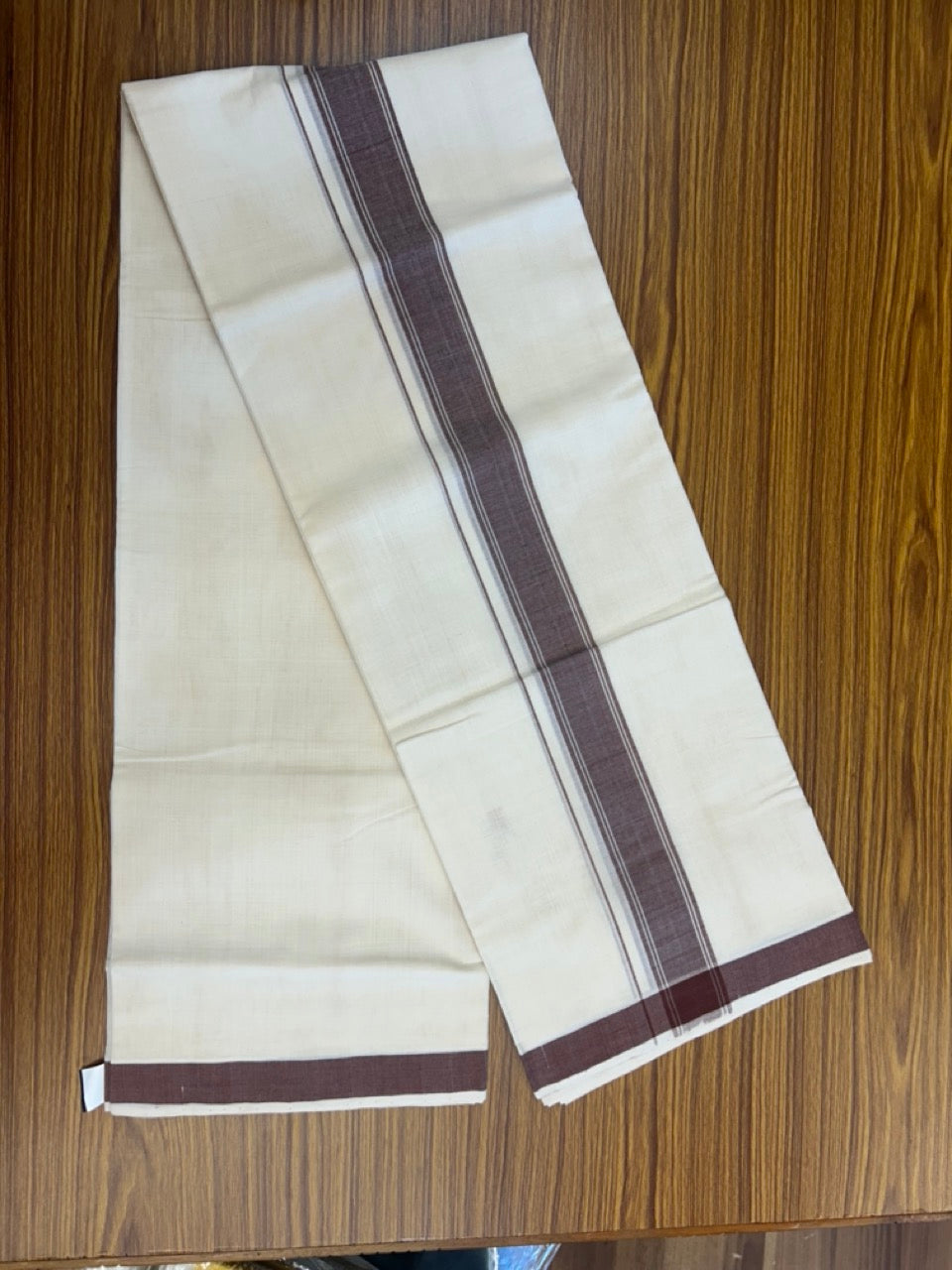 25% Discount KaithariKada Handloom Unakkupaav Balaramapuram - 100% PURE Cotton off white (Unbleached) Double Mundu/Dhoti - 80X90 - 1.75 inch Brown Side Striped Kara 3.80 mtr (8 muzham) - 8 KK5293 ELA