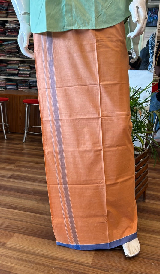 10% DISCOUNT ! KaithariKada Kalamachal 100% Pure Cotton - Handloom Single Mundu/Dhoti - KAAVI BODY DARK BLUE 1.75 inch Kara (2 meter / 4 muzham) - 3KK8004KK
