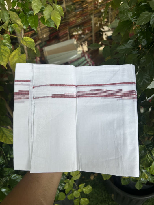 20% Discount ! Kaitharikada Balaramapuram 100% Cotton Pure White Double Mundu/Dothi - 100x80 - 0.75 inch Maroon Striped Jacquard Design Kara 3.75 mtr (8 muzham) - 20 KK5334 THI