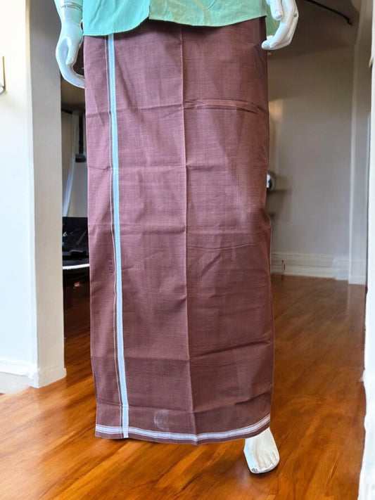 KaithariKada 100% Pure Cotton - HANDLOOM Single Mundu/Dhoti Dark Brown COLOUR BODY & White 1 inch Kara (2 meter / 4 muzham) - 2KK8004KK
