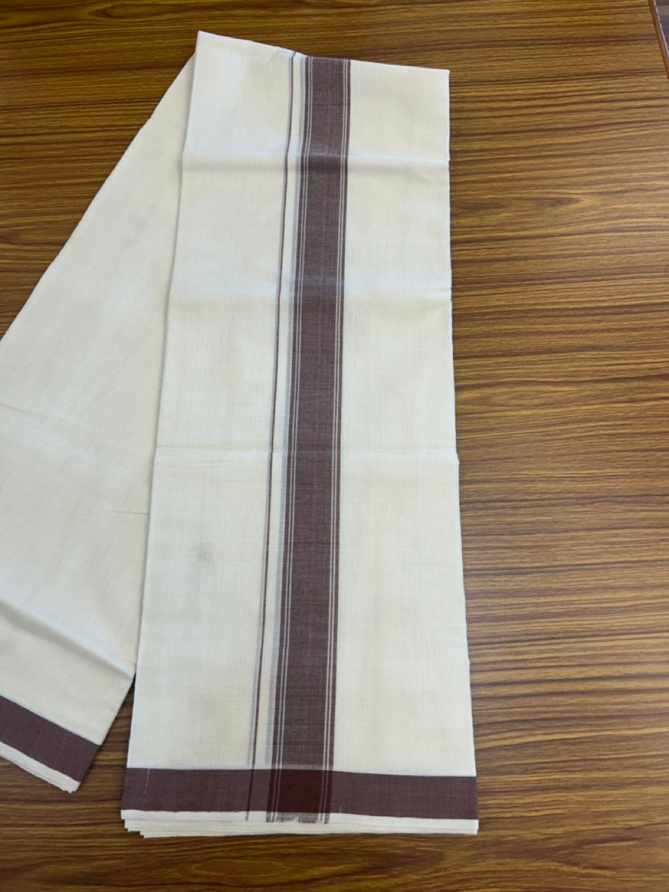 25% Discount KaithariKada Handloom Unakkupaav Balaramapuram - 100% PURE Cotton off white (Unbleached) Double Mundu/Dhoti - 80X90 - 1.75 inch Brown Side Striped Kara 3.80 mtr (8 muzham) - 8 KK5293 ELA