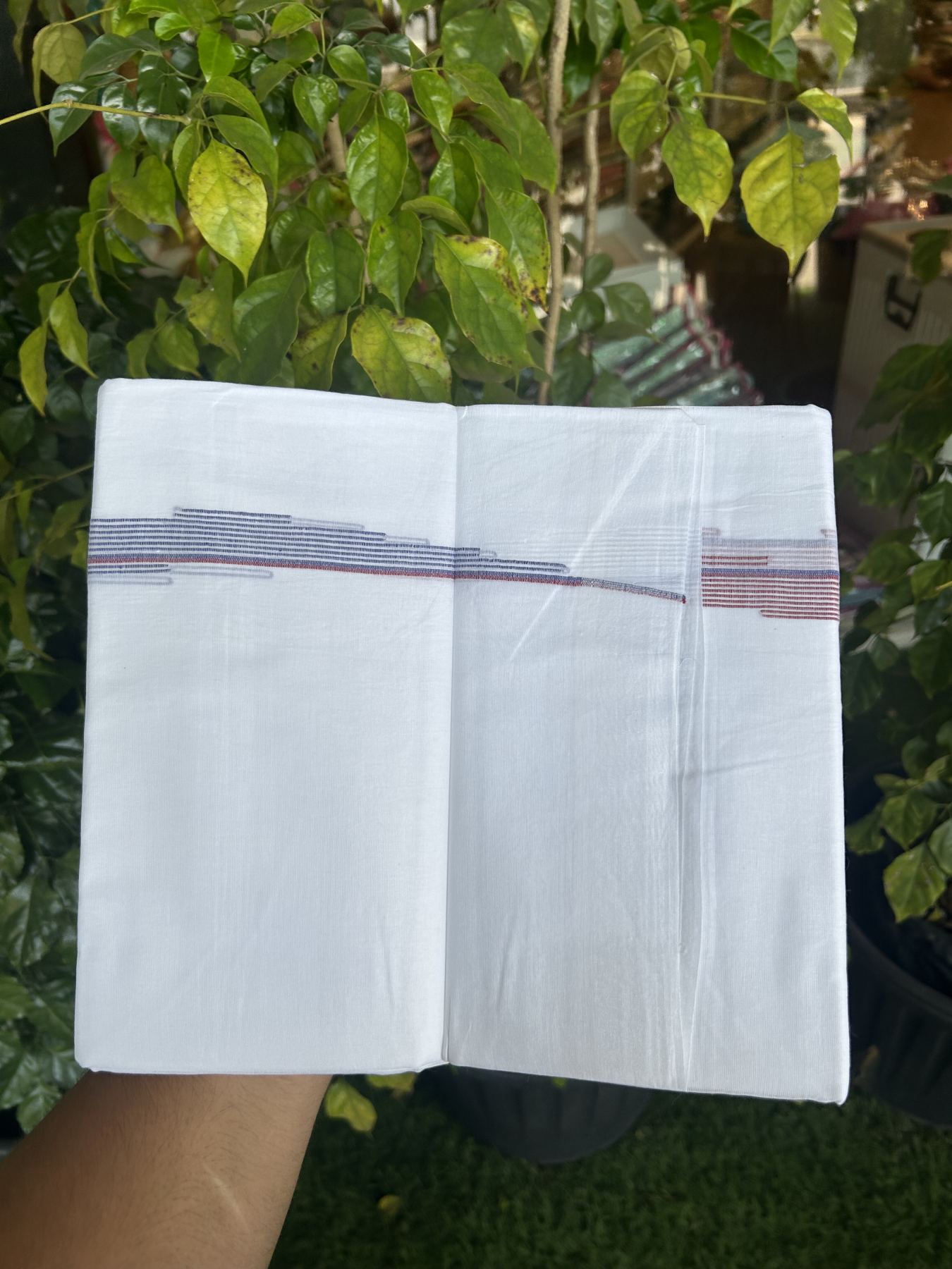 20% Discount ! Kaitharikada Balaramapuram 100% Cotton Pure White Double Mundu/Dothi - 100x80 - 0.75 inch Lavender Blue & Maroon Striped Jacquard Design Kara 3.80 mtr (8 muzham) - 13 KK5334 THI