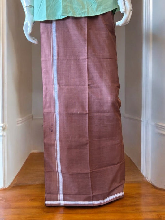 KaithariKada 100% Pure Cotton - HANDLOOM Single Mundu/Dhoti Dark Brown COLOUR BODY & White 1 inch Kara (2 meter / 4 muzham) - 1KK8004KK