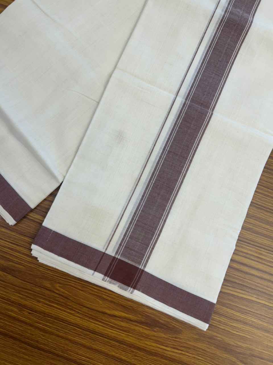 25% Discount KaithariKada Handloom Unakkupaav Balaramapuram - 100% PURE Cotton off white (Unbleached) Double Mundu/Dhoti - 80X90 - 1.75 inch Brown Side Striped Kara 3.80 mtr (8 muzham) - 8 KK5293 ELA