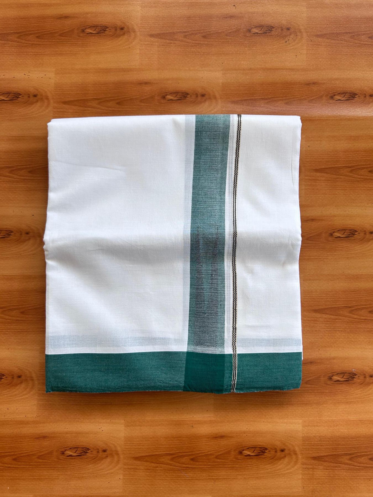 Double Pure White Mundu/Dhoti - 20% Discount !! KaithariKada Balaramapuram 100% Cotton - 100x80 - 1.25 inch Dark Green & Black Silver Kasav Chutty Kara 3.80 mtr (8 muzham) - 21 KK5499 CKS