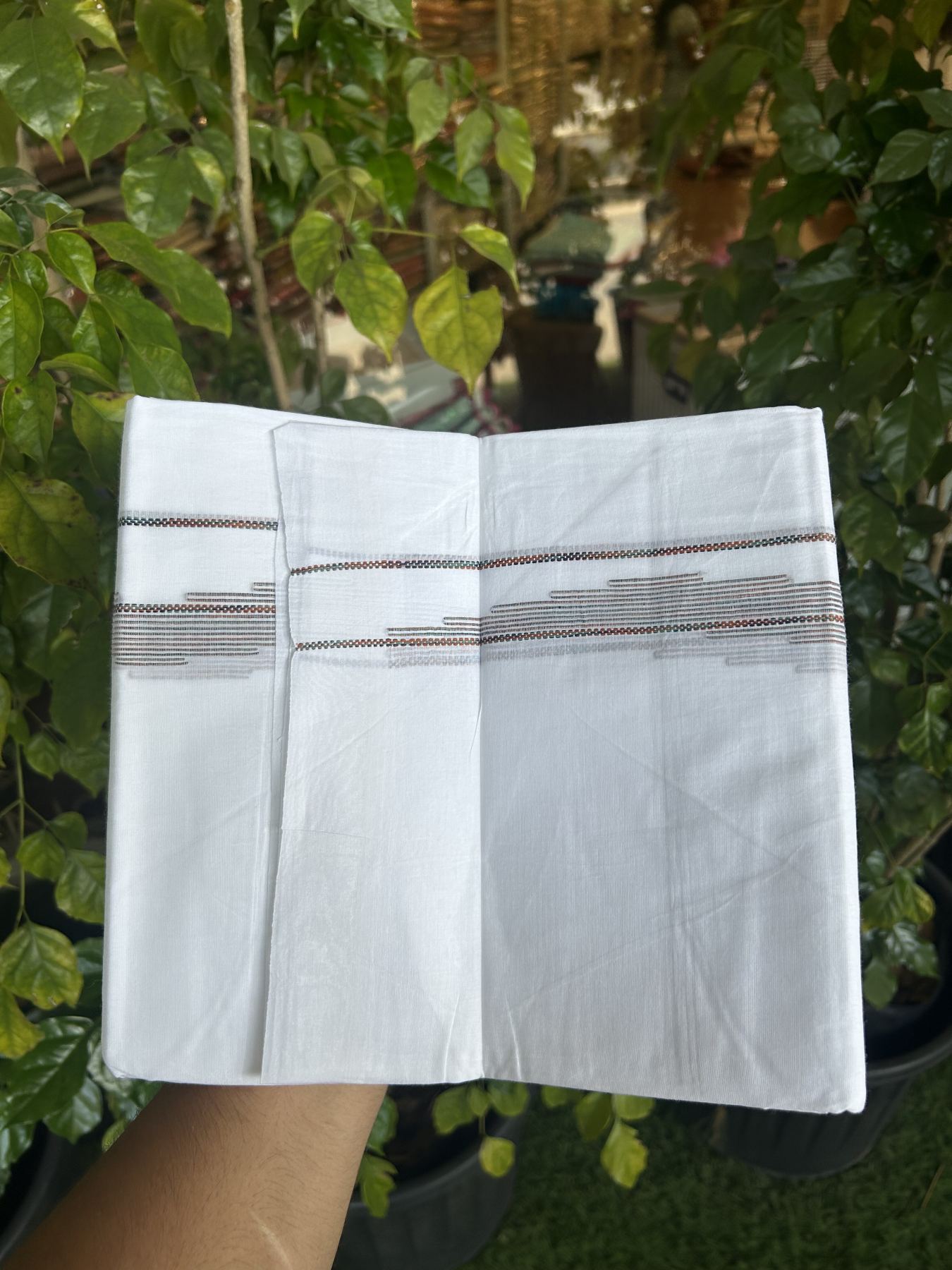 20% Discount ! Kaitharikada Balaramapuram 100% Cotton Pure White Double Mundu/Dothi - 100x80 - 0.75 inch Multi Colour Striped Jacquard Design Kara 3.80 mtr (8 muzham) - 19 KK5334 THI