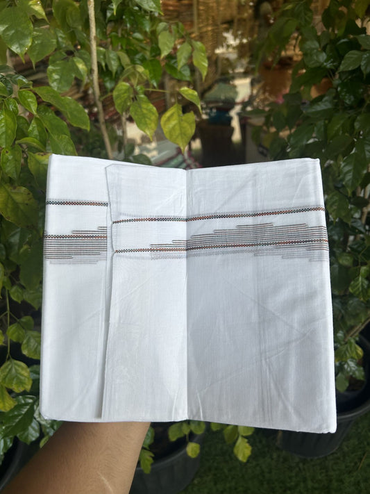 20% Discount ! Kaitharikada Balaramapuram 100% Cotton Pure White Double Mundu/Dothi - 100x80 - 0.75 inch Multi Colour Striped Jacquard Design Kara 3.80 mtr (8 muzham) - 19 KK5334 THI