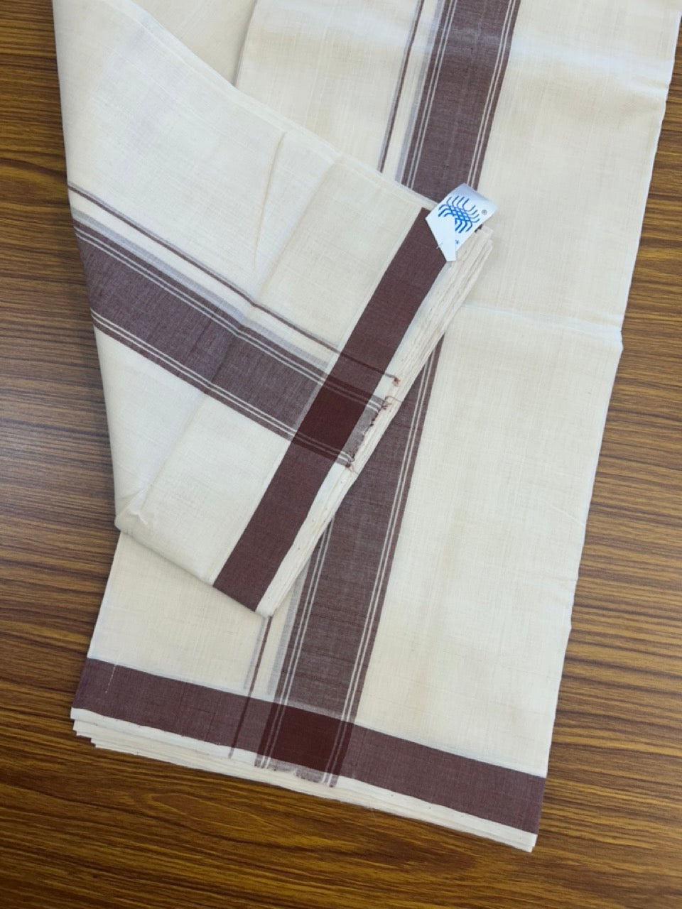 25% Discount KaithariKada Handloom Unakkupaav Balaramapuram - 100% PURE Cotton off white (Unbleached) Double Mundu/Dhoti - 80X90 - 1.75 inch Brown Side Striped Kara 3.80 mtr (8 muzham) - 8 KK5293 ELA