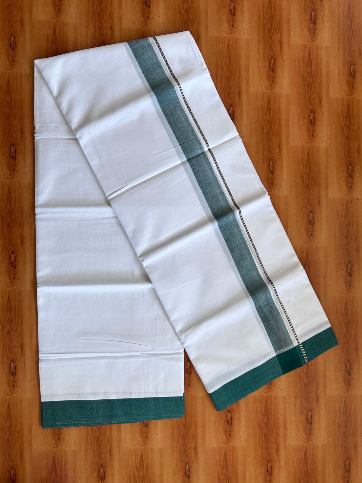Double Pure White Mundu/Dhoti - 20% Discount !! KaithariKada Balaramapuram 100% Cotton - 100x80 - 1.25 inch Dark Green & Black Silver Kasav Chutty Kara 3.80 mtr (8 muzham) - 21 KK5499 CKS