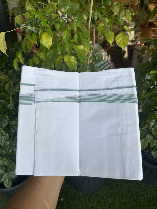 20% Discount ! Kaitharikada Balaramapuram 100% Cotton Pure White Double Mundu/Dothi - 100x80 - 0.75 inch Green Striped Jacquard Design Kara 3.80 mtr (8 muzham) - 18 KK5334 THI