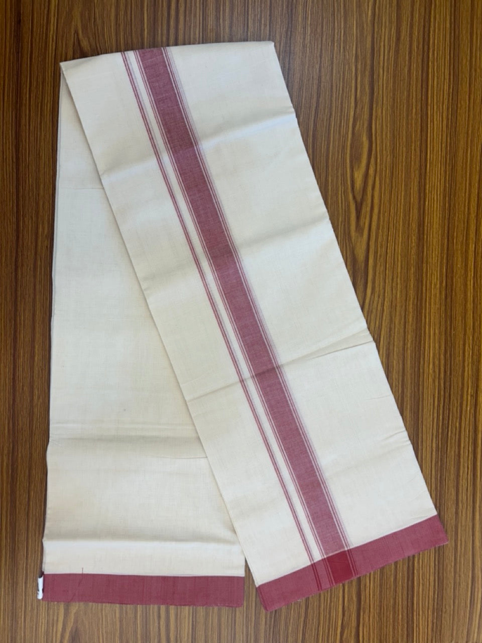 25% Discount KaithariKada Handloom Unakkupaav Balaramapuram - 100% PURE Cotton off white (Unbleached) Double Mundu/Dhoti - 80X90 - 1.5 inch Light Maroon Side Striped Kara 3.80 mtr (8 muzham) - 9 KK5293 ELA