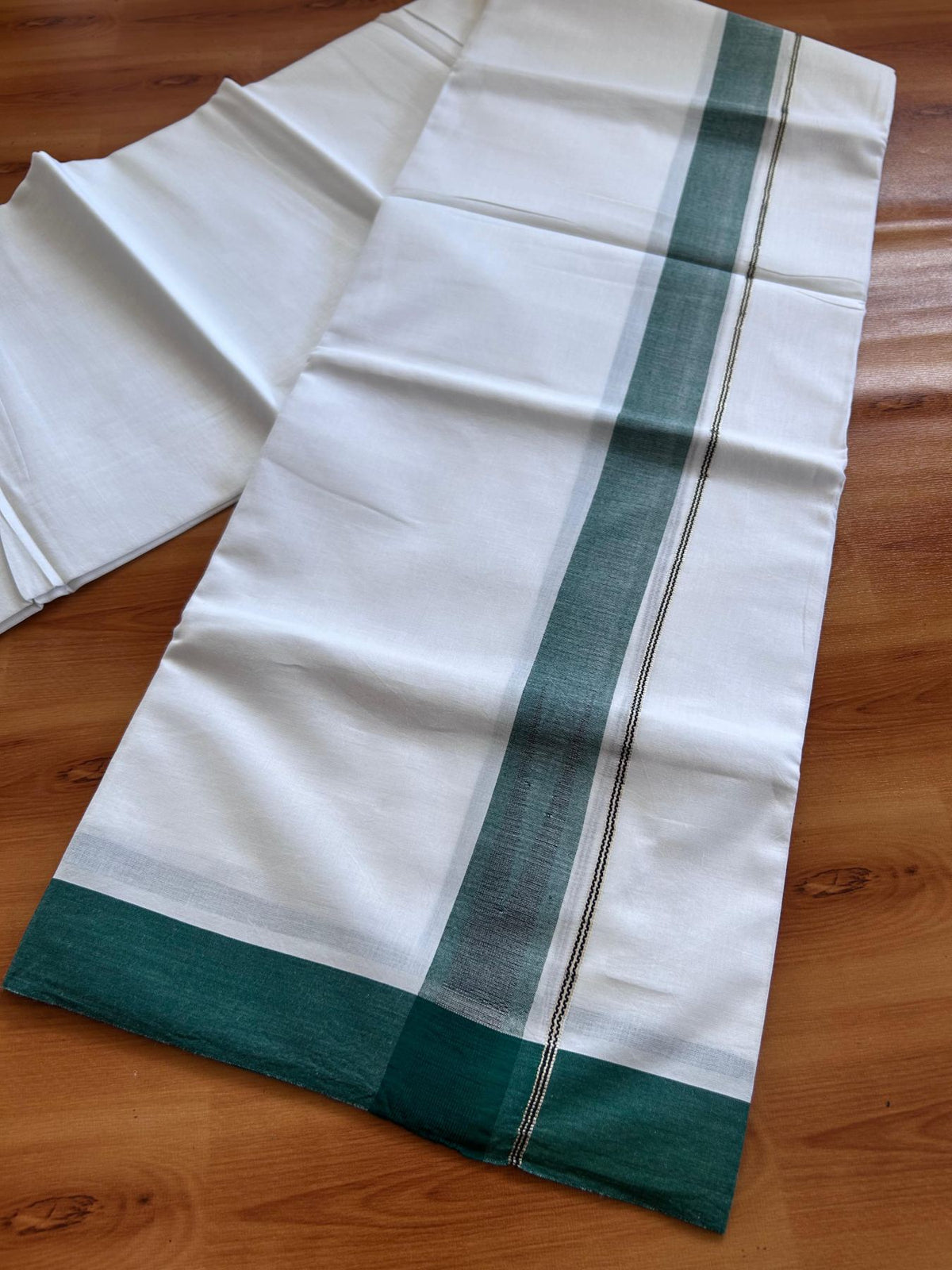 Double Pure White Mundu/Dhoti - 20% Discount !! KaithariKada Balaramapuram 100% Cotton - 100x80 - 1.25 inch Dark Green & Black Silver Kasav Chutty Kara 3.80 mtr (8 muzham) - 21 KK5499 CKS
