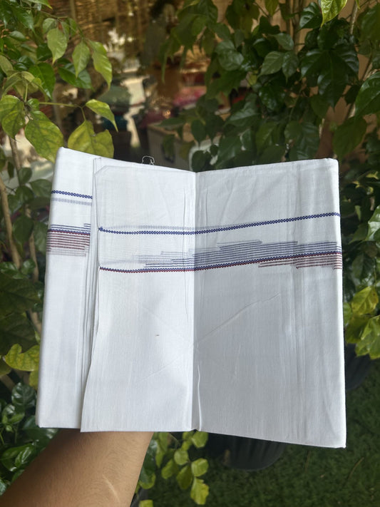 20% Discount ! Kaitharikada Balaramapuram 100% Cotton Pure White Double Mundu/Dothi - 100x80 - 0.75 inch Lavender Blue & Maroon Striped Jacquard Design Kara 3.80 mtr (8 muzham) - 12 KK5334 THI