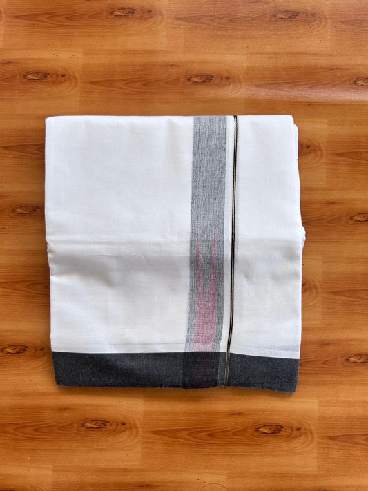 Double Pure White Mundu/Dhoti - 20% Discount !! KaithariKada Balaramapuram 100% Cotton - 100x80 - 1.25 inch Black & Peach Silver Kasav Chutty Kara 3.80 mtr (8 muzham) - 22 KK5499 CKS