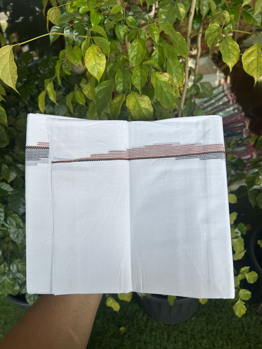 20% Discount ! Kaitharikada Balaramapuram 100% Cotton Pure White Double Mundu/Dothi - 100x80 - 0.75 inch Orange Brown & Black Striped Jacquard Design Kara 3.80 mtr (8 muzham) - 17 KK5334 THI