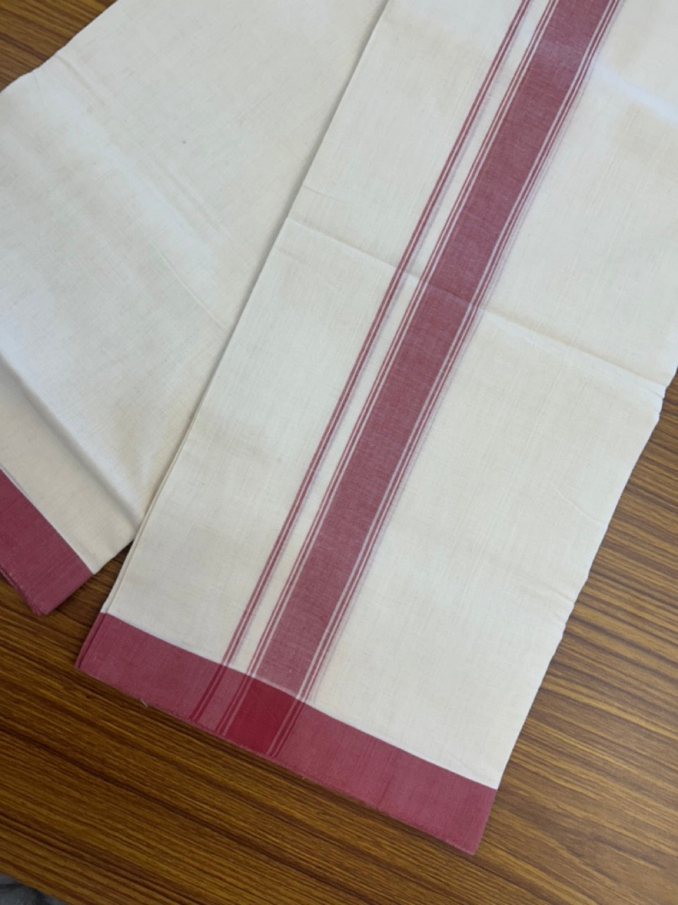 25% Discount KaithariKada Handloom Unakkupaav Balaramapuram - 100% PURE Cotton off white (Unbleached) Double Mundu/Dhoti - 80X90 - 1.5 inch Light Maroon Side Striped Kara 3.80 mtr (8 muzham) - 9 KK5293 ELA