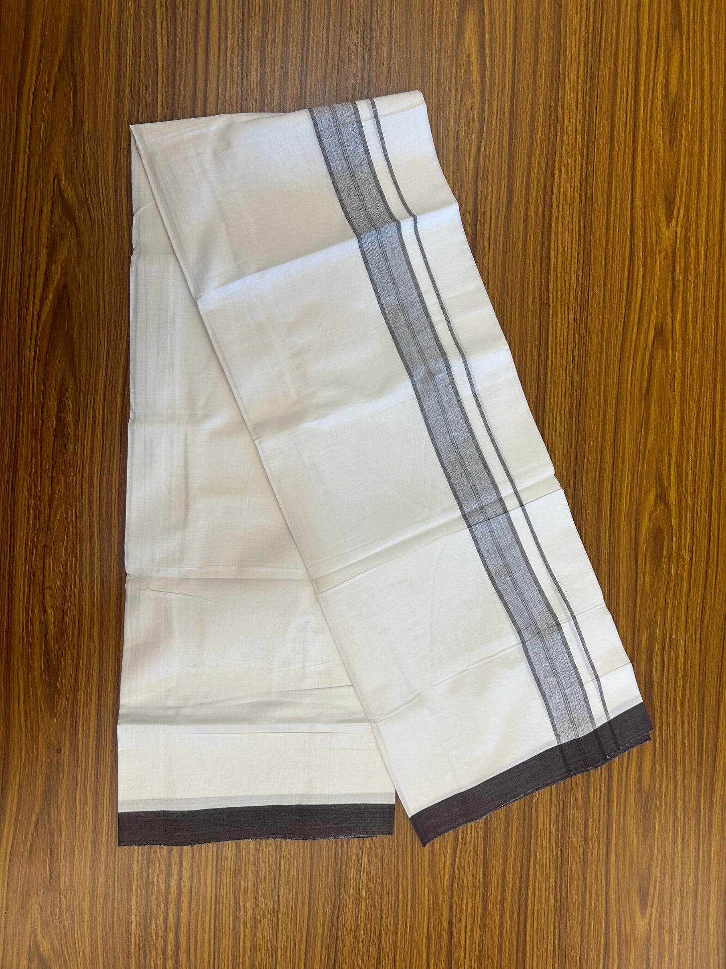 KaithariKada Balaramapuram 100% Cotton Single Pure White Mundu/Dhoti - (40s) - 1.5 inch Brown Shaded Stripes kara 2 mtr (4 muzham) - 54 KK5359 THI