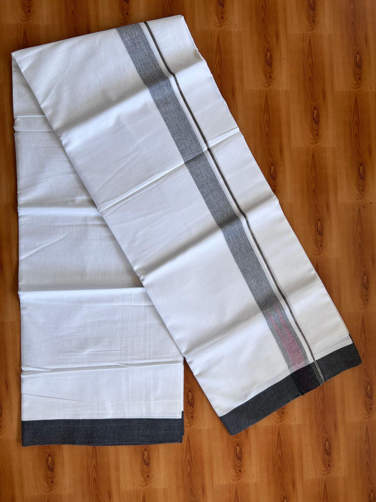 Double Pure White Mundu/Dhoti - 20% Discount !! KaithariKada Balaramapuram 100% Cotton - 100x80 - 1.25 inch Black & Peach Silver Kasav Chutty Kara 3.80 mtr (8 muzham) - 22 KK5499 CKS