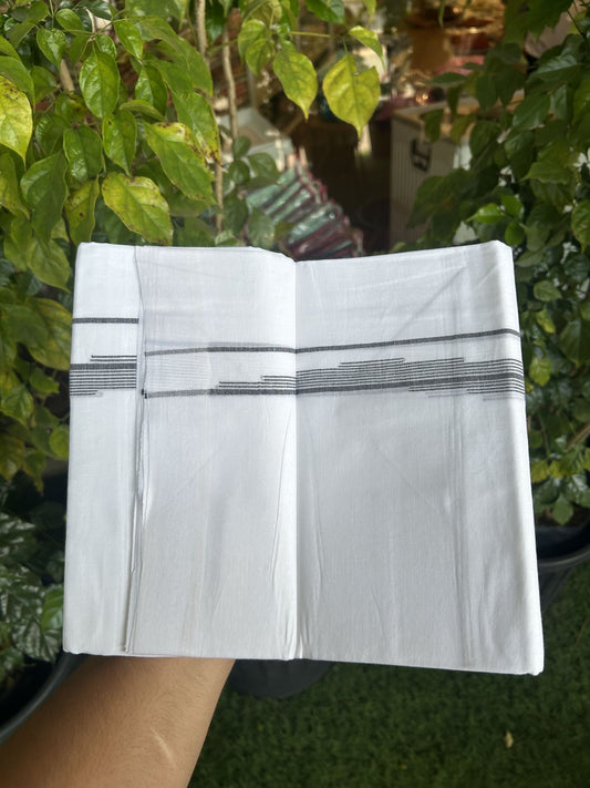 20% Discount ! Kaitharikada Balaramapuram 100% Cotton Pure White Double Mundu/Dothi - 100x80 - 0.75 inch Black Stripes Jacquard Design Kara 3.80 mtr (8 muzham) - 11 KK5334 THI