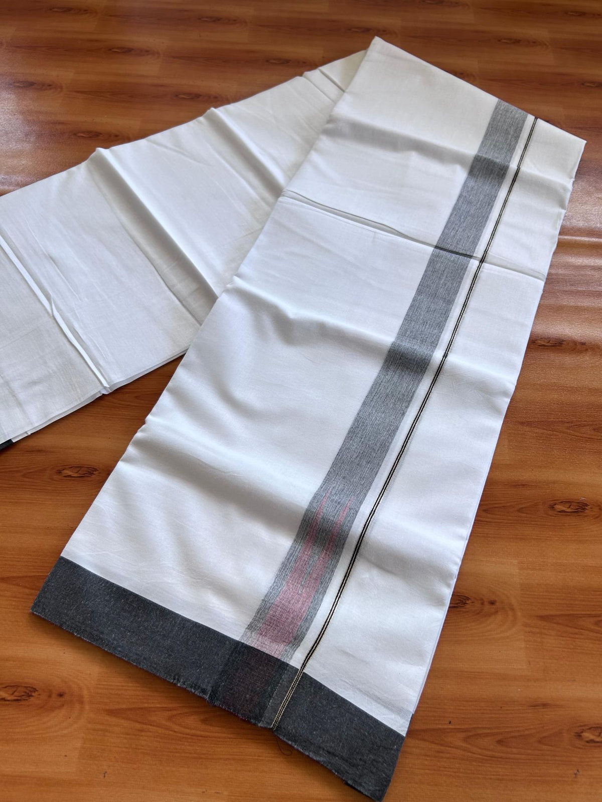 Double Pure White Mundu/Dhoti - 20% Discount !! KaithariKada Balaramapuram 100% Cotton - 100x80 - 1.25 inch Black & Peach Silver Kasav Chutty Kara 3.80 mtr (8 muzham) - 22 KK5499 CKS