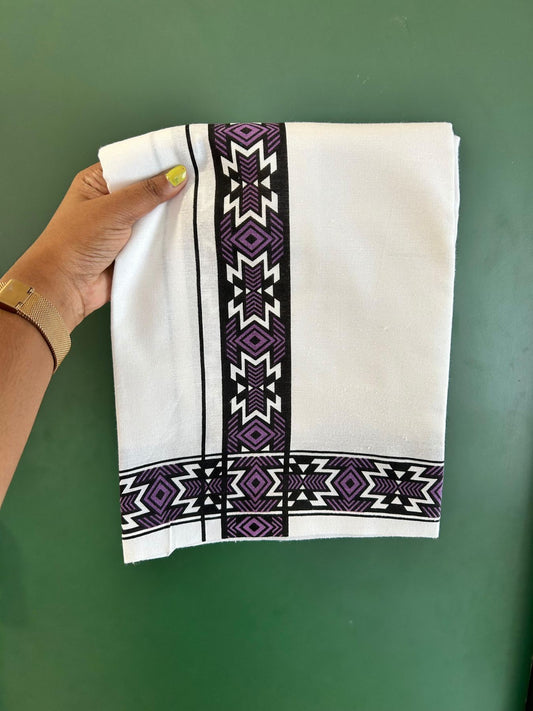 Single White Kerala Mund Polyster Mixed Cotton - (20s) - Kaily / Lungi - 2 inch Violet Printed Kara (2 meter / 4 muzham) - 5 KK8070 GAN