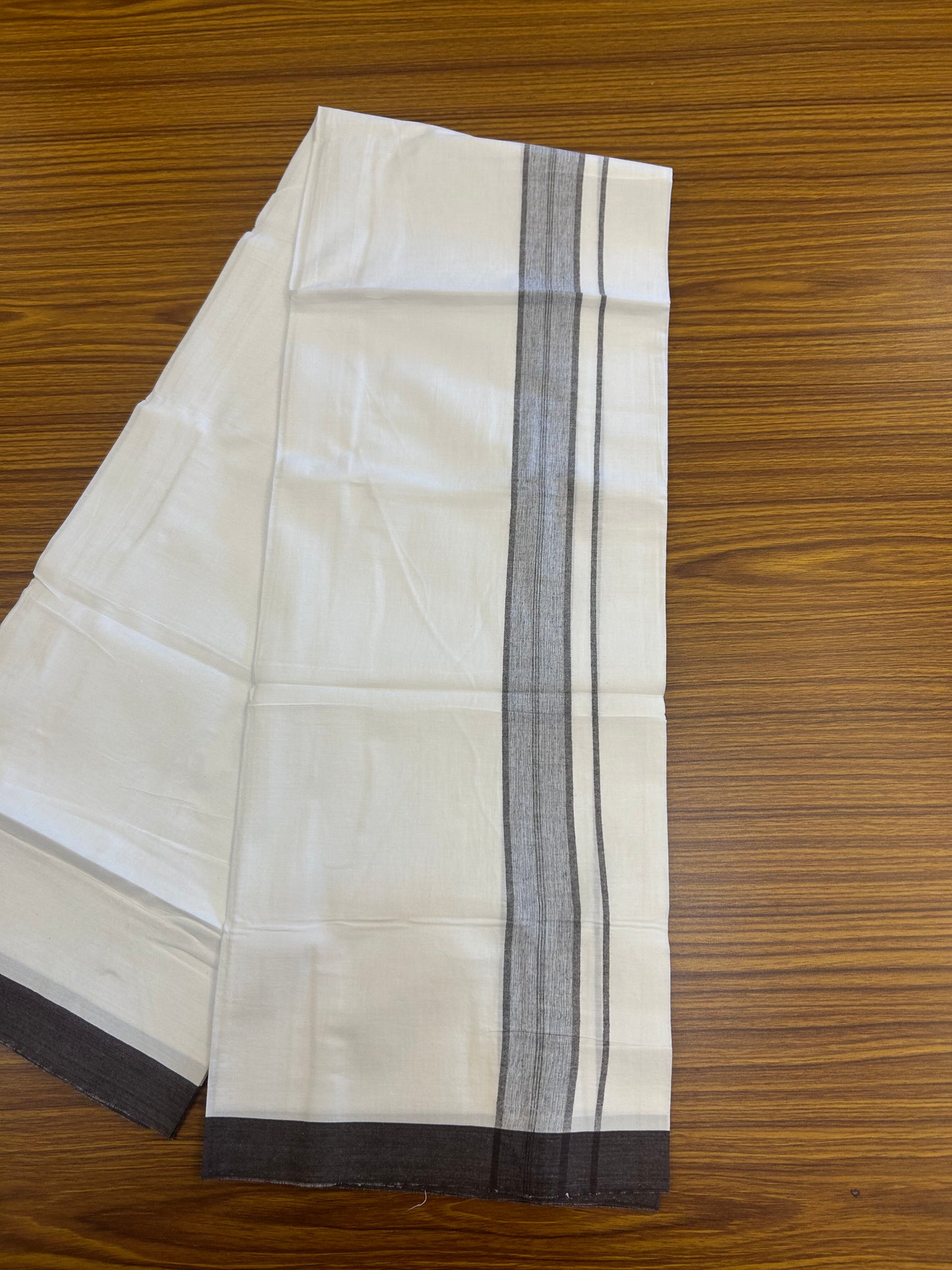 KaithariKada Balaramapuram 100% Cotton Single Pure White Mundu/Dhoti - (40s) - 1.5 inch Brown Shaded Stripes kara 2 mtr (4 muzham) - 54 KK5359 THI