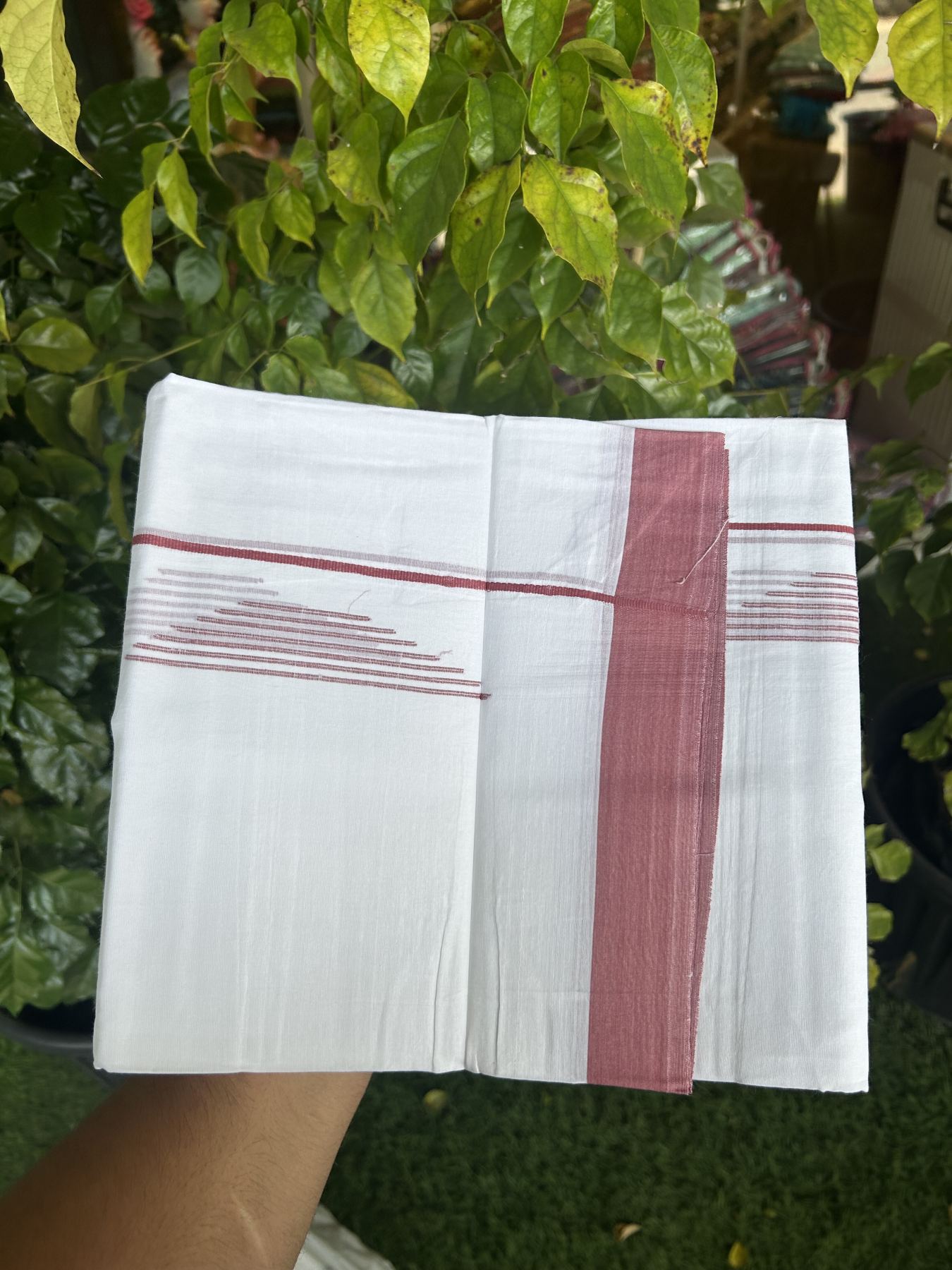 20% Discount ! Kaitharikada Balaramapuram 100% Cotton Pure White Double Mundu/Dothi - 100x80 - 1 inch Dusty Pink Stripes Jacquard Design Kara 3.80 mtr (8 muzham) - 7 KK5334 THI