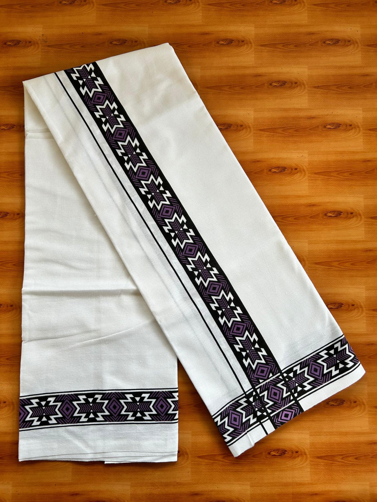 Single White Kerala Mund Polyster Mixed Cotton - (20s) - Kaily / Lungi - 2 inch Violet Printed Kara (2 meter / 4 muzham) - 5 KK8070 GAN